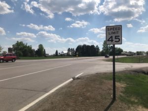 In image of a road with a 45 MPH speed limit.